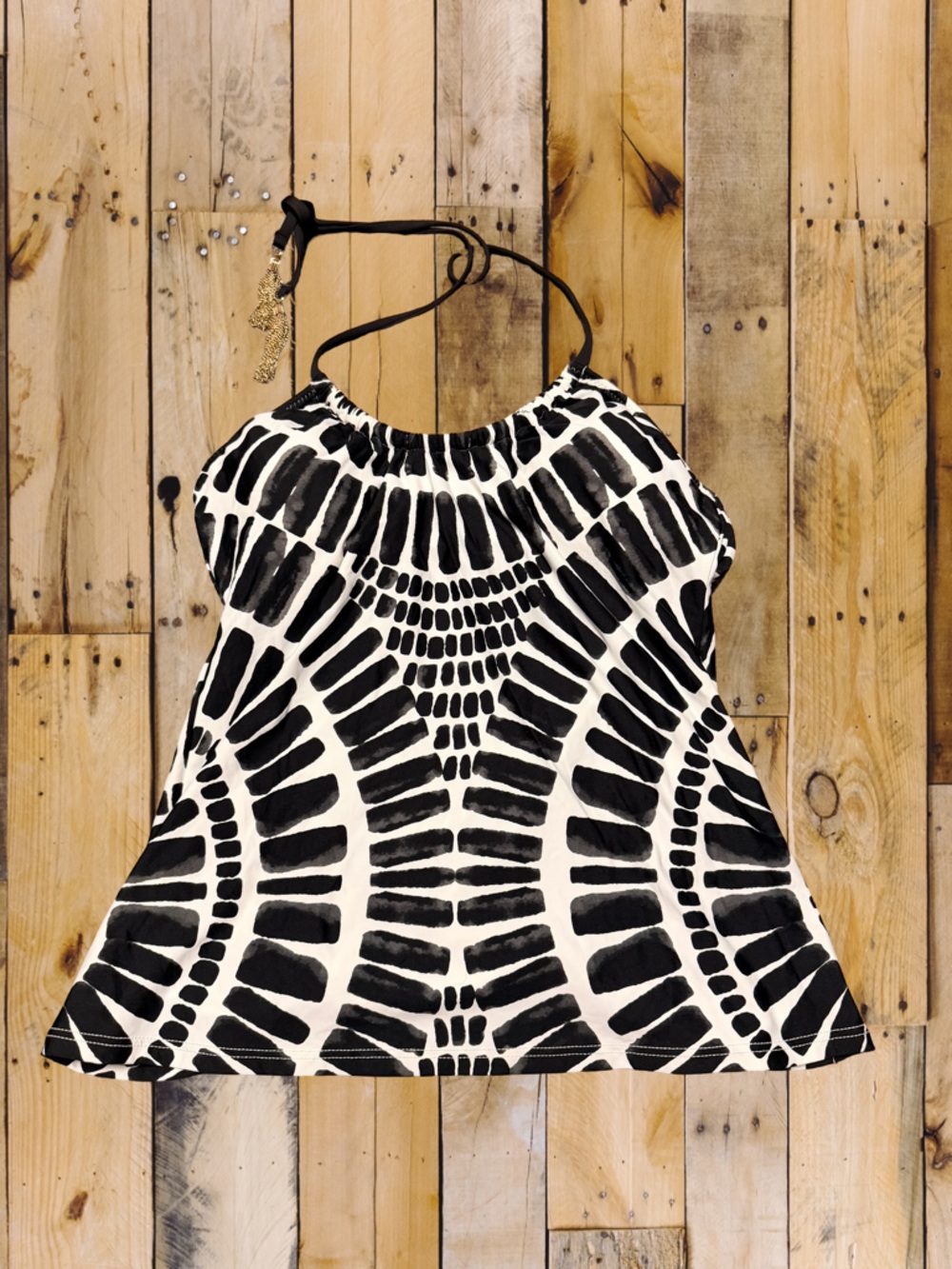 Trina Turk Bandeau Halter Swim Top Black White Abstract Print Gold Tassel Small - Picture 2 of 5